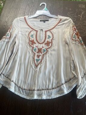Love Stitch Cream Boho Embroidered Keyhole Tunic with Rust and Teal Accents